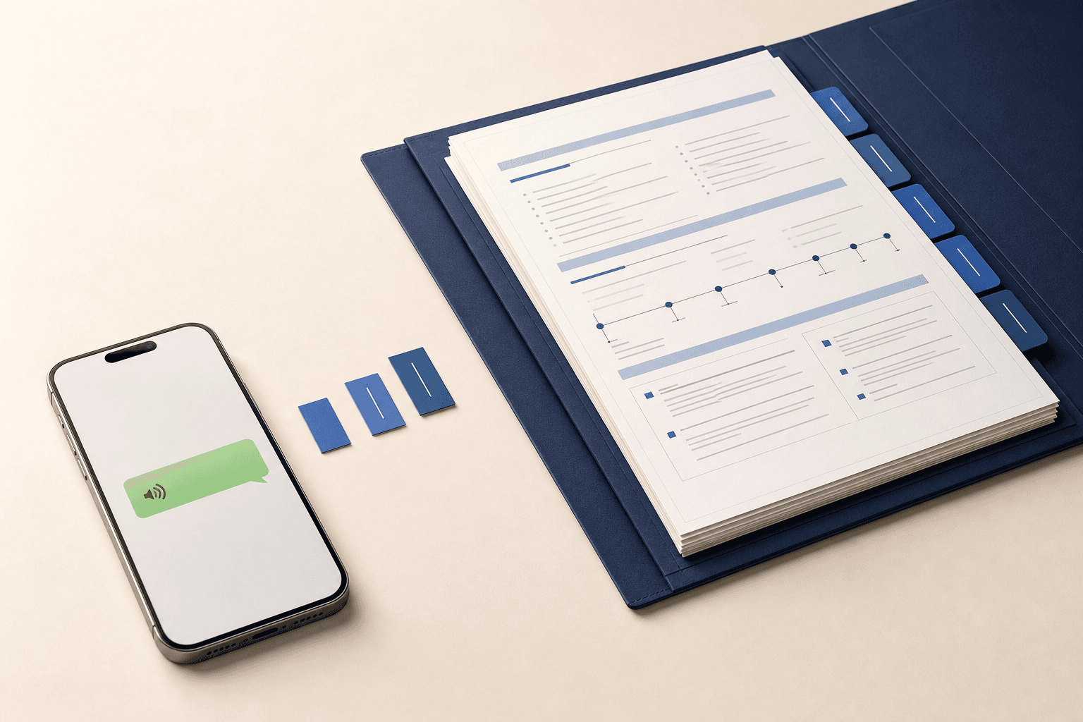 A secure client conversation beside a carefully structured legal case dossier